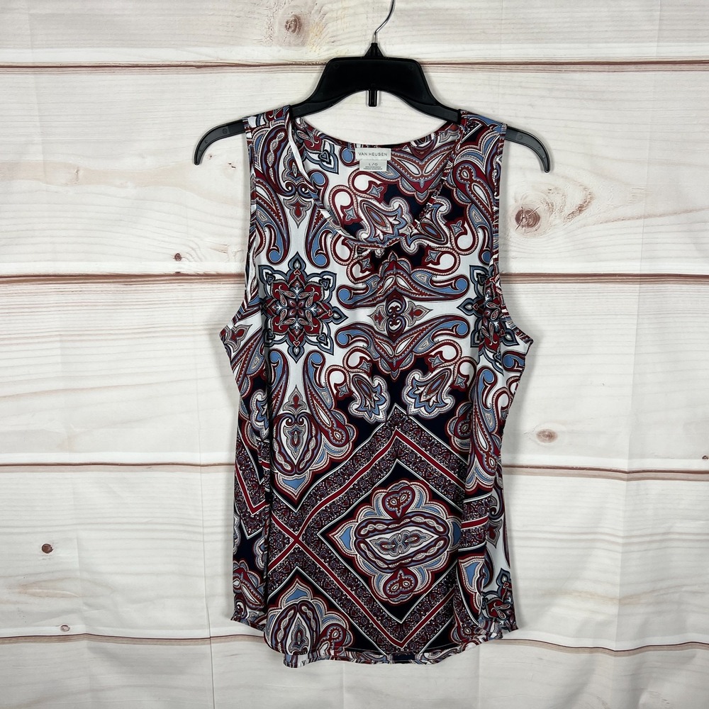 Van Heusen Top Womens Large Blue Red Paisley Blouse Sleeveless Woven Scoop Neck